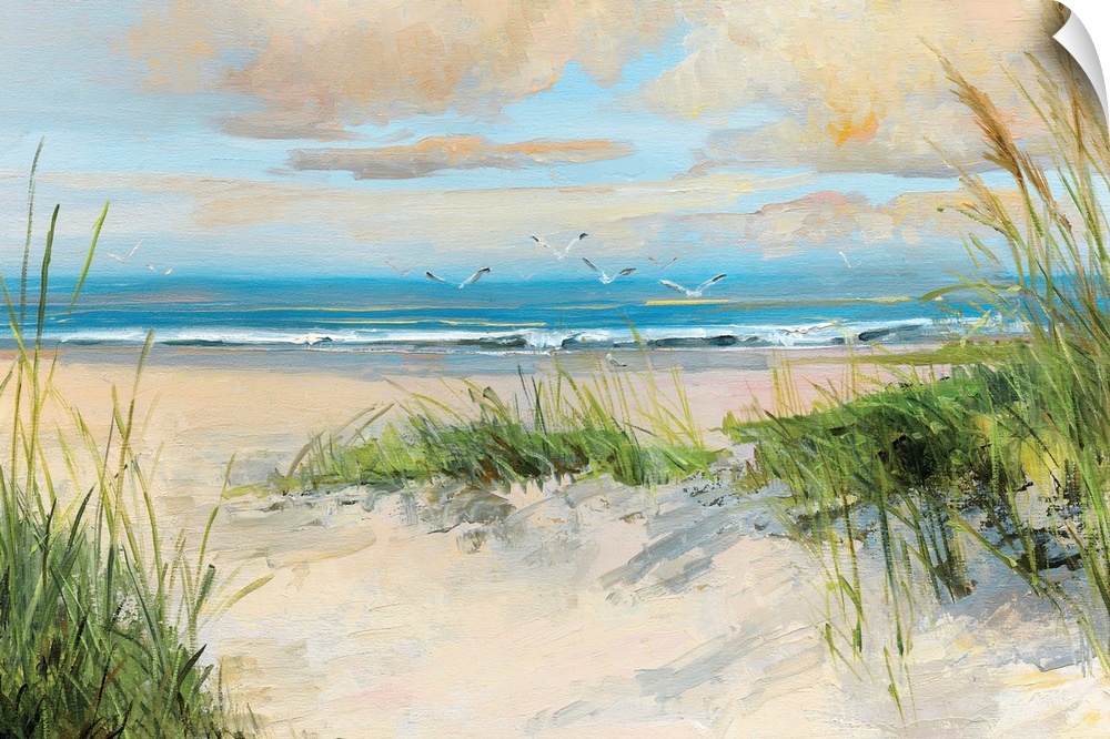 Contemporary painting of a sandy beach with birds flying towards the ocean.