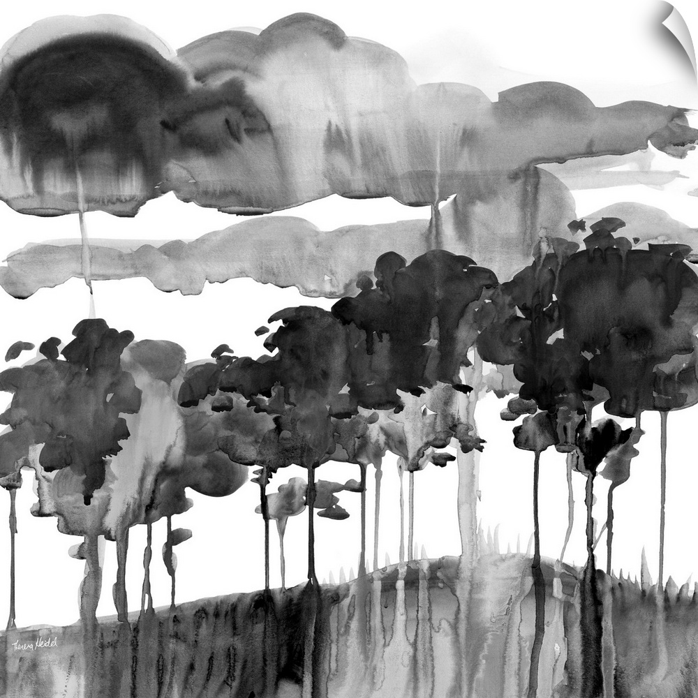 Square watercolor painting of an abstract landscape in black and white with clouds dripping onto the rolling hills.