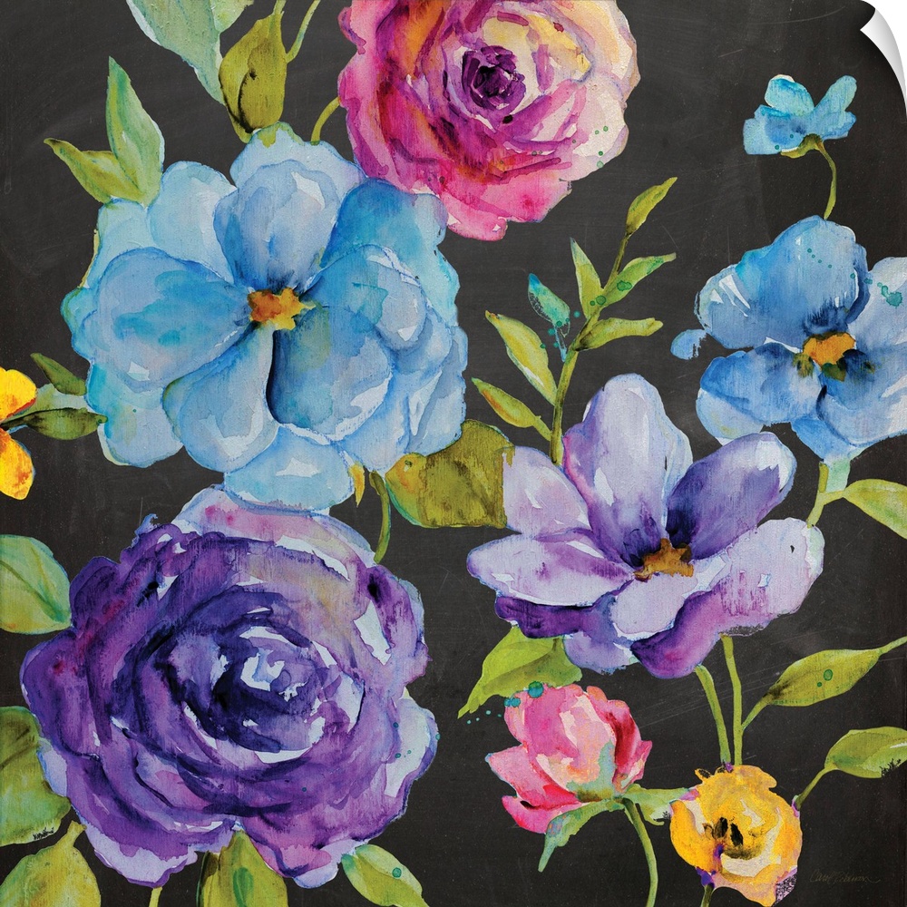 An assortment of watercolor flowers rest on a chalkboard background.