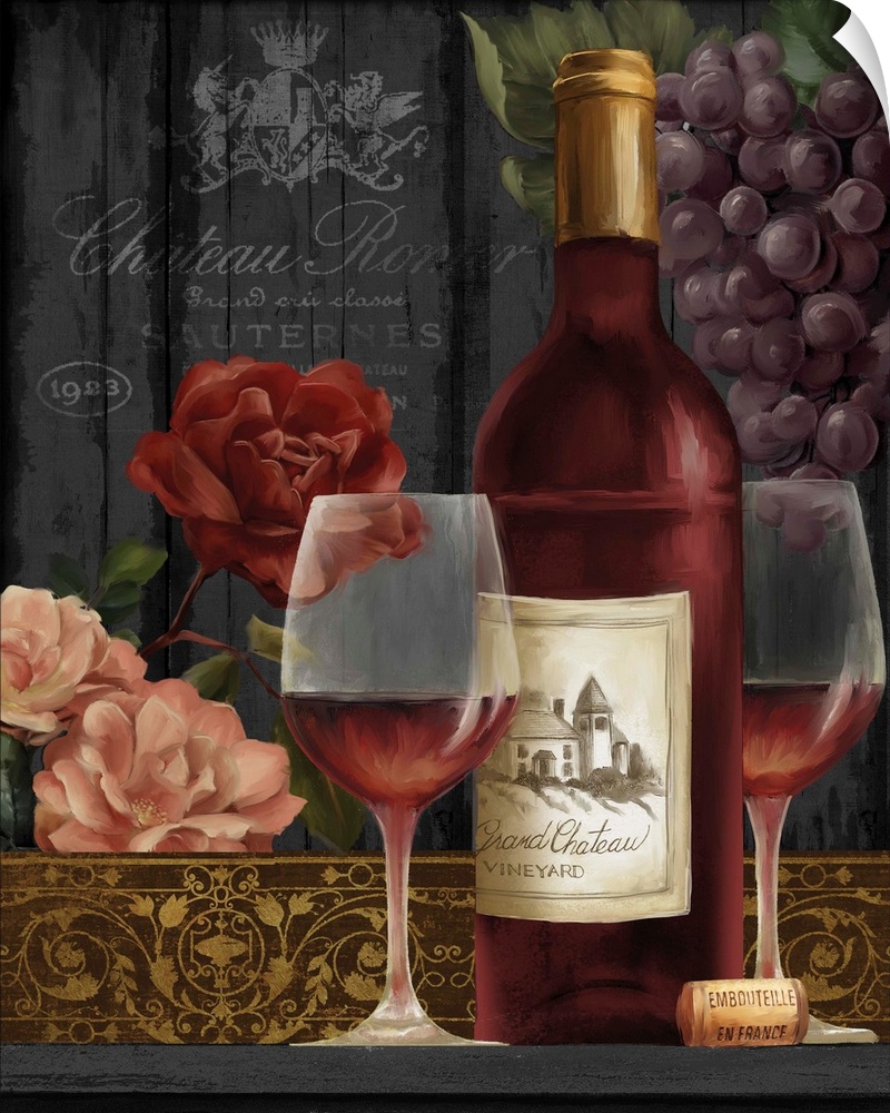 Still life painting of a wine bottle and two glasses of red wine with grapes and flowers in the background.