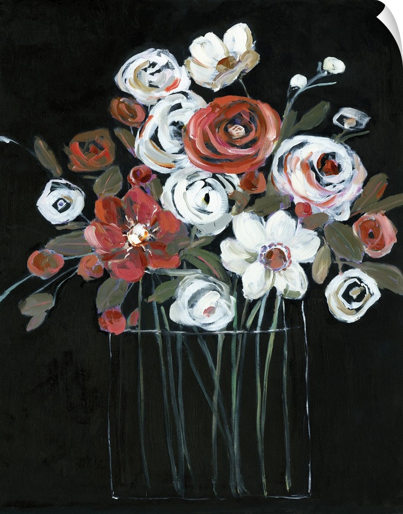Large vertical painting with white and red flowers in a glass vase on a solid black background creating contrast.