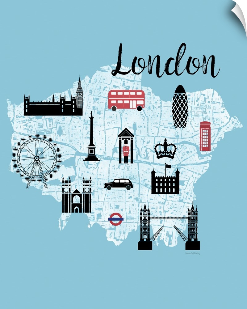 Light blue, white, and red illustrated map of London highlighting landmarks.