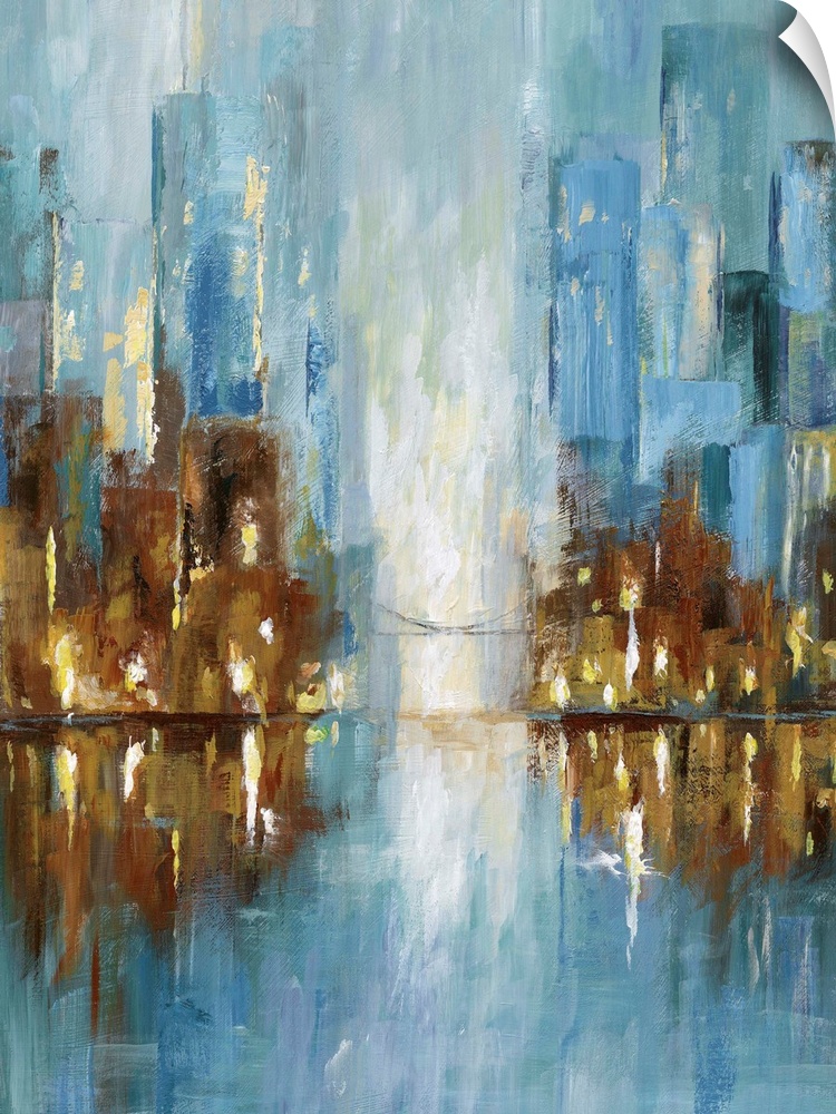 Contemporary painting of a cityscape in the evening reflected in the water.