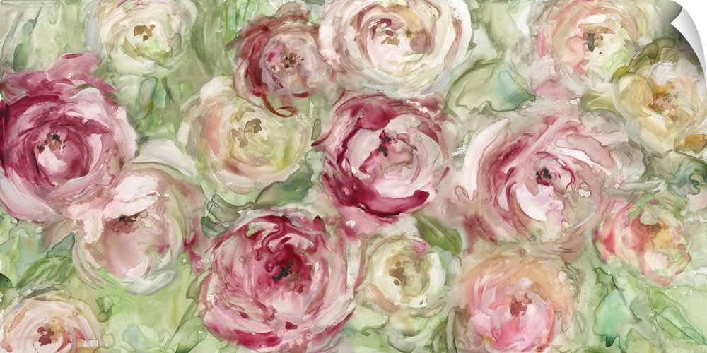 A motif of watercolor roses in shades of red and green swell this contemporary painting.