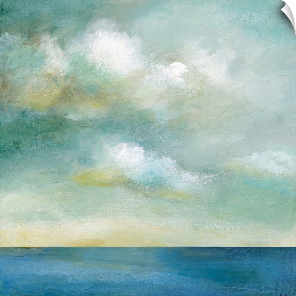 In this contemporary painting, brisk brush strokes compose white fluffy clouds that drift above a still body of water.