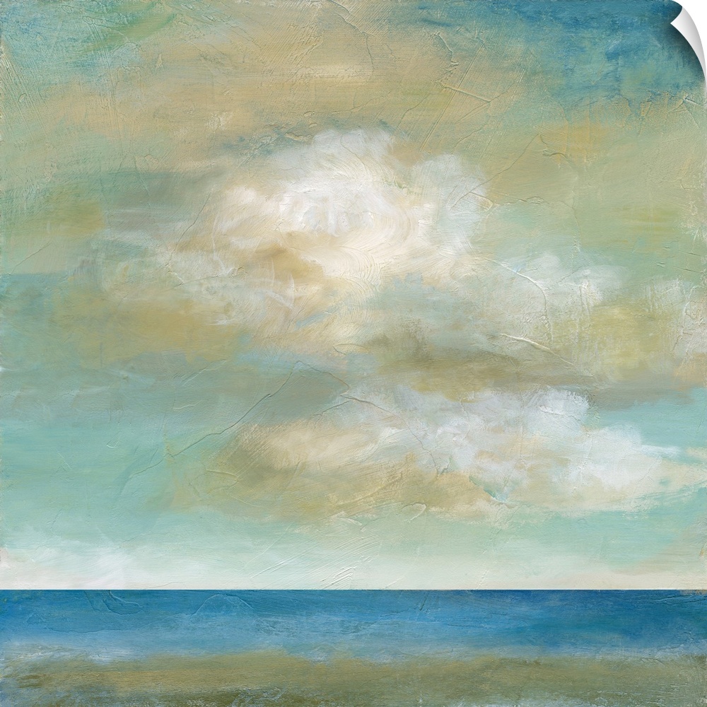 In this contemporary painting, brisk brush strokes compose white and yellow fluffy clouds that drift above a still body of...