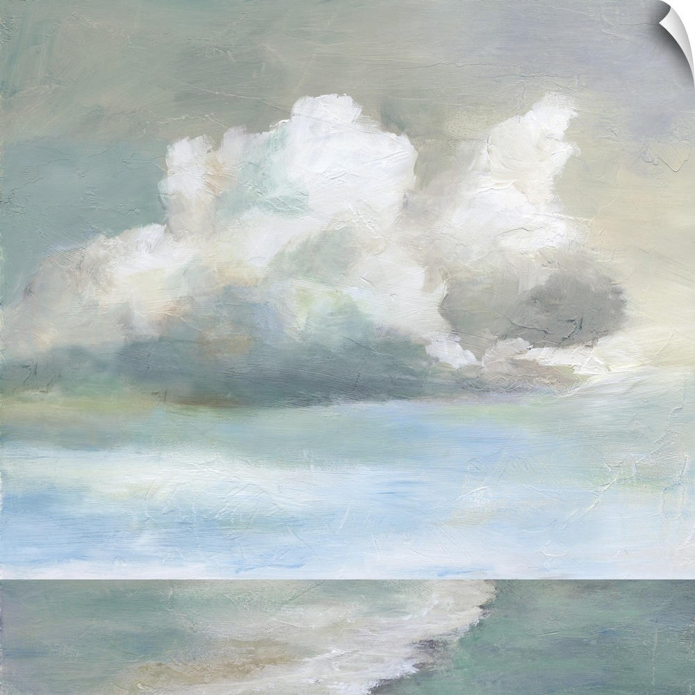 In this contemporary painting, brisk brush strokes compose white fluffy clouds that drift above a wave breaking.
