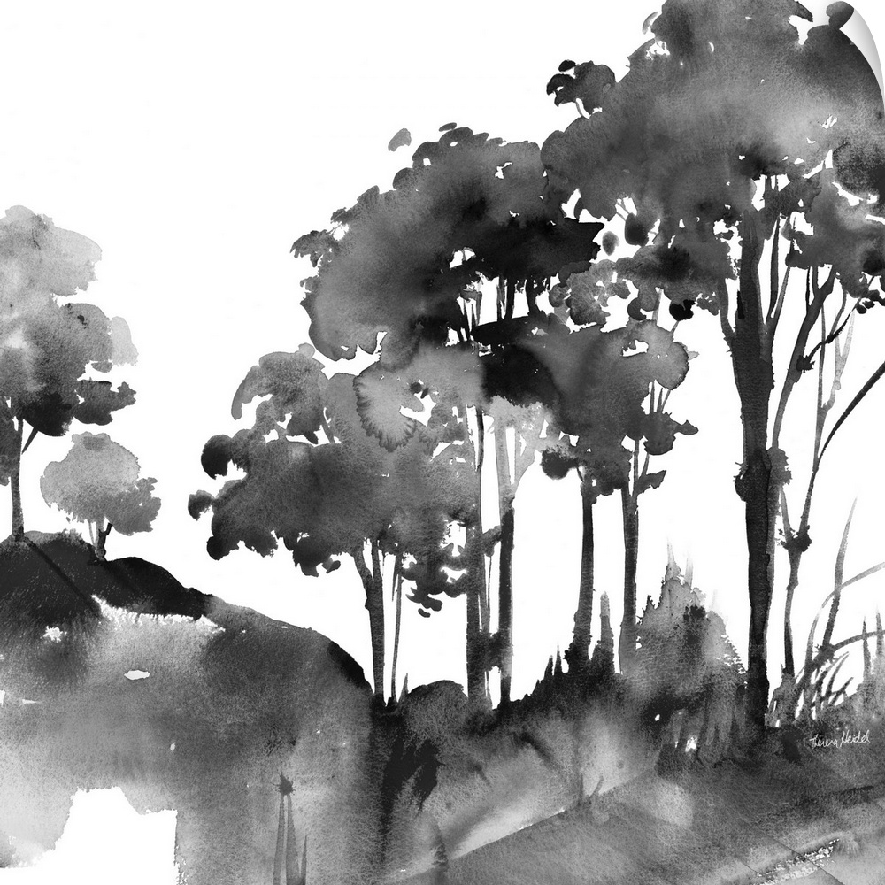 Square watercolor painting of an abstract landscape in black and white.
