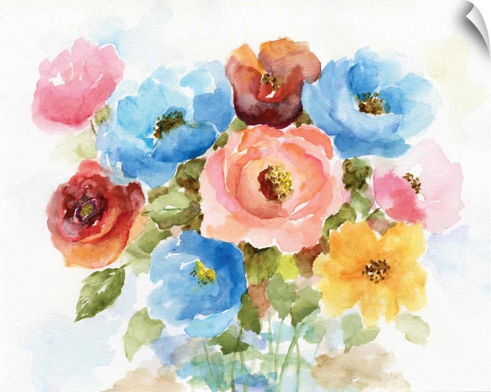 Large watercolor painting of a bouquet of colorful flowers on a white background.