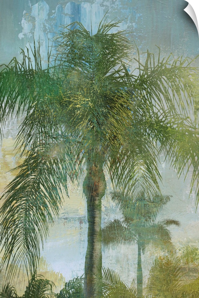 Tropical palm tree landscape in green, blue, and golden hues.