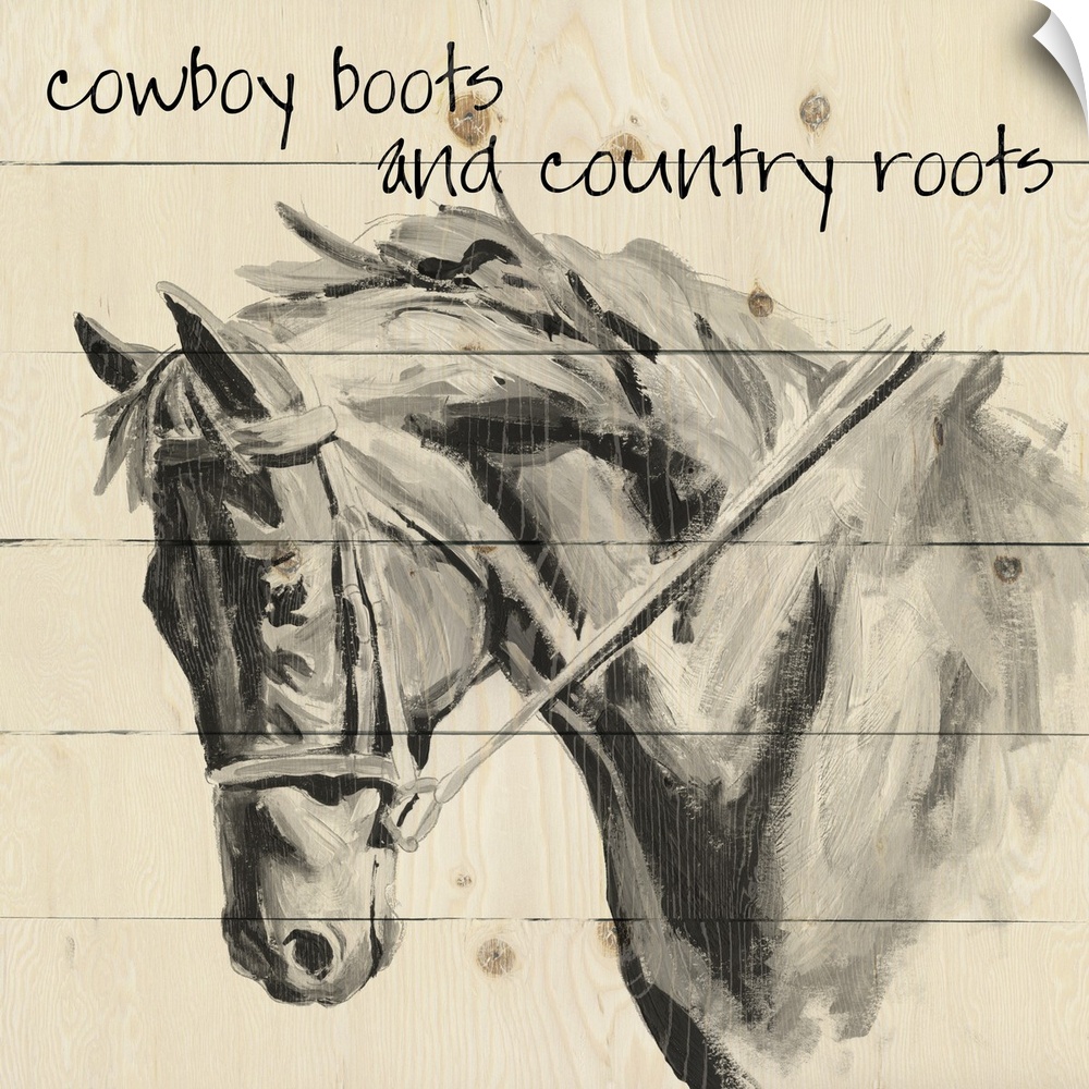 'Cowboy Boots and Country Roots' written on a faux wood background with an illustration of a horse.