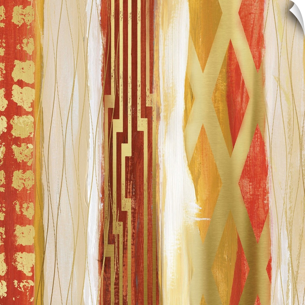 Abstract painting in bold shades of gold and red in vertical bands with geometric patterns.