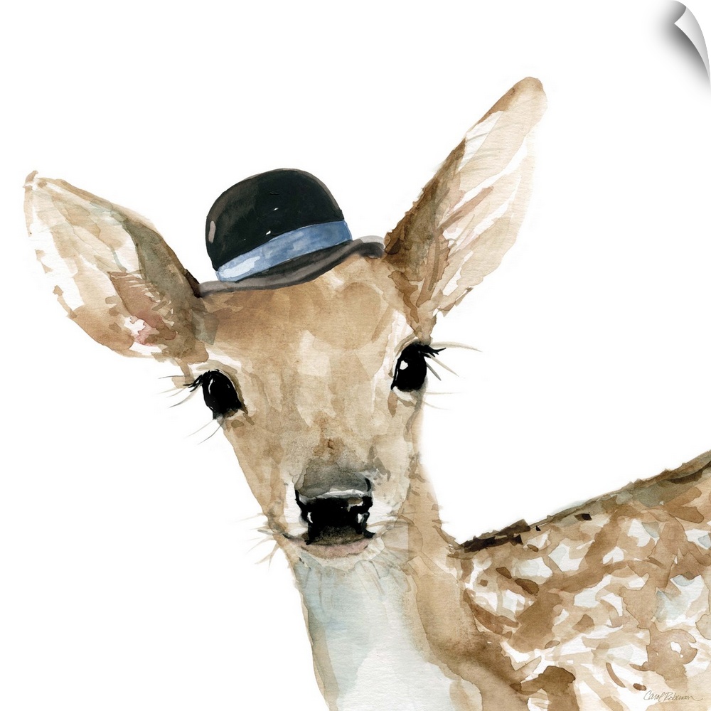Watercolor painting of a doe wearing a small black hat with a blue stripe on a white square background.