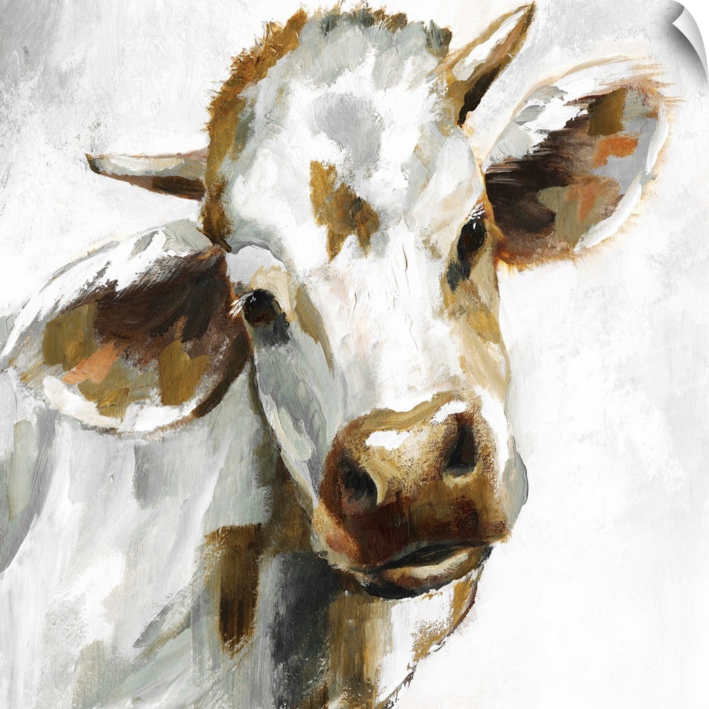 Square painting of a brown, grey, and white cow.