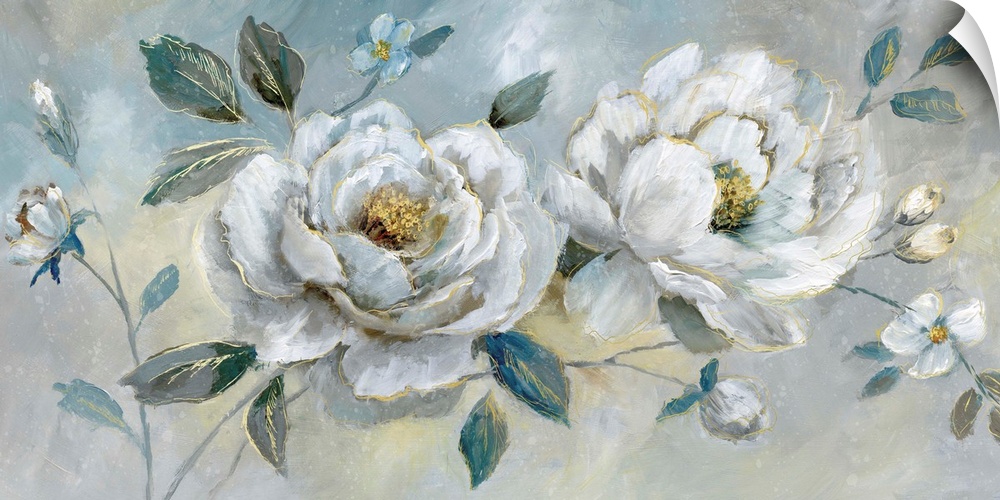 Large horizontal painting of white flowers with gold outlines on a blue, yellow, and gray background.