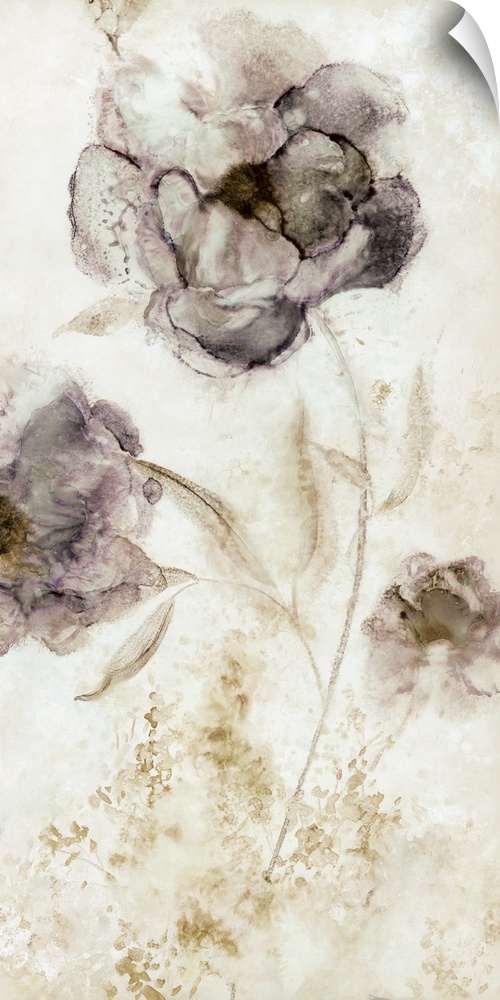 Droplets and splattered paint in subdued colors create this contemporary artwork of peony flowers.