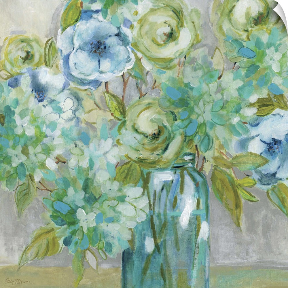 Contemporary artwork of a bouquet of flowers in a glass vase.