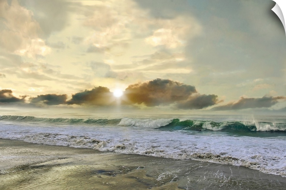 A photo with a semblance of a painting displays rolling waves upon a shore with a sun setting in the background.
