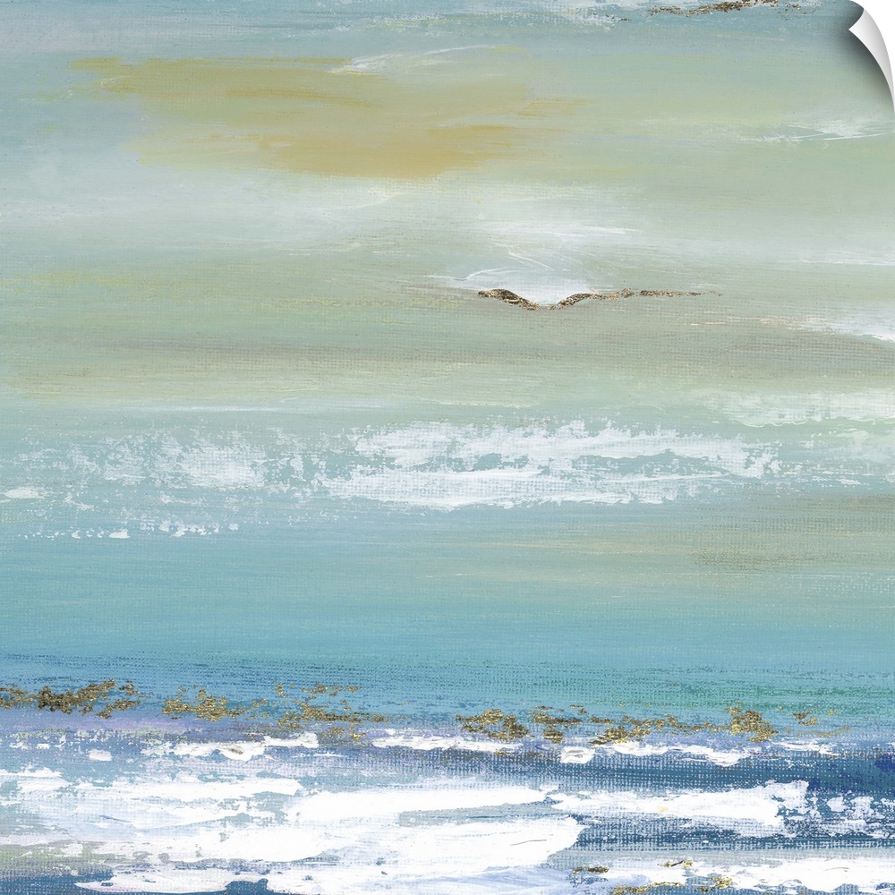A contemporary abstract painting resembling the horizon dividing the ocean and sky.