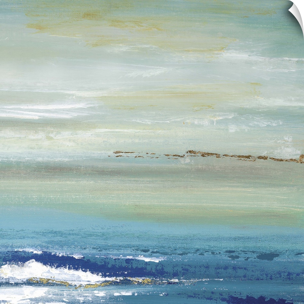 A contemporary abstract painting resembling the horizon dividing the ocean and sky.