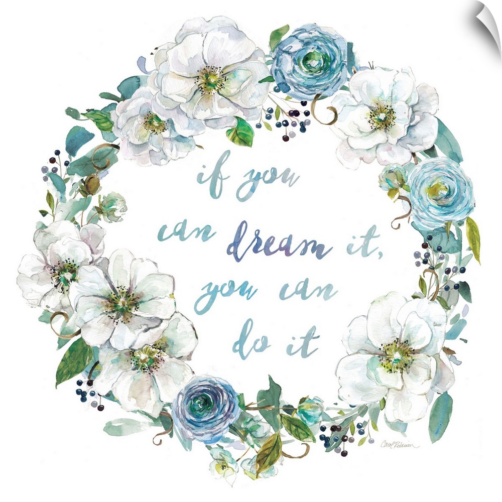 Watercolor wreath of flowers around an inspirational sentiment.