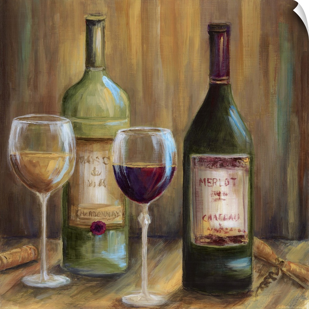 Still life painting of two bottles of wine with glasses on a table.
