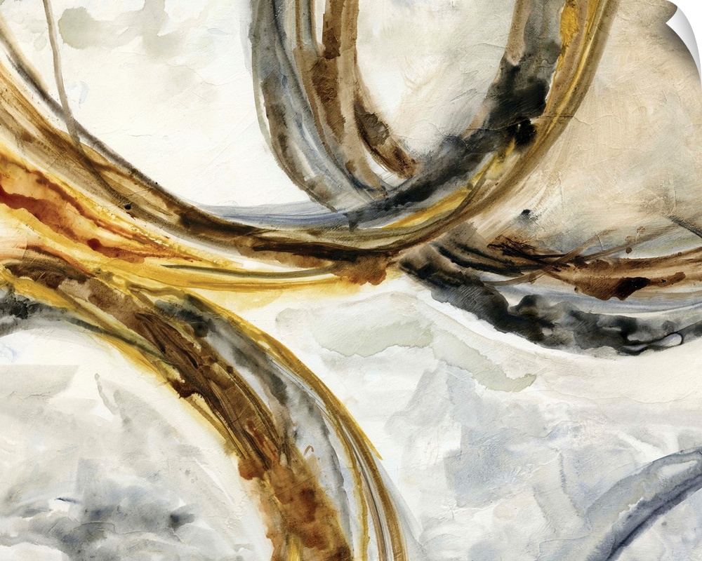 Abstract watercolor painting with gold, black, and brown rings intertwining on a background made with indigo, gray, and br...