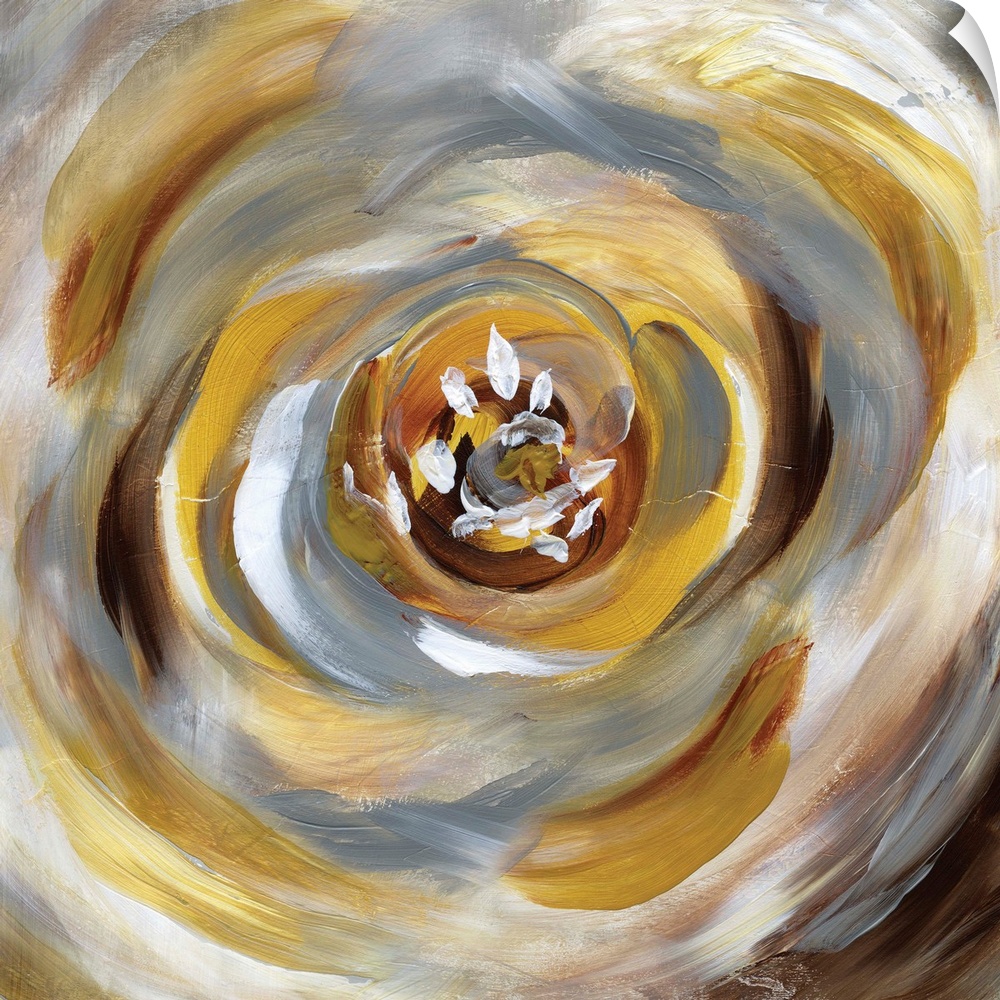 Square painting of a large abstract flower consuming the entire canvas in gold, gray, white, and brown hues.