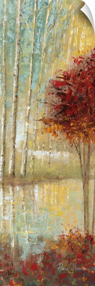 Contemporary painting of a thicket of trees in autumn foliage beside a stream.