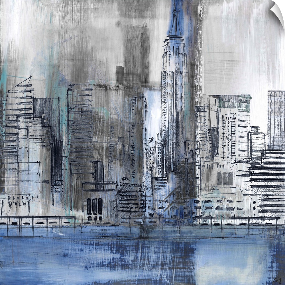 Square abstract painting of part of the New York City skyline, highlighting the Empire State Building, in shades of blue a...