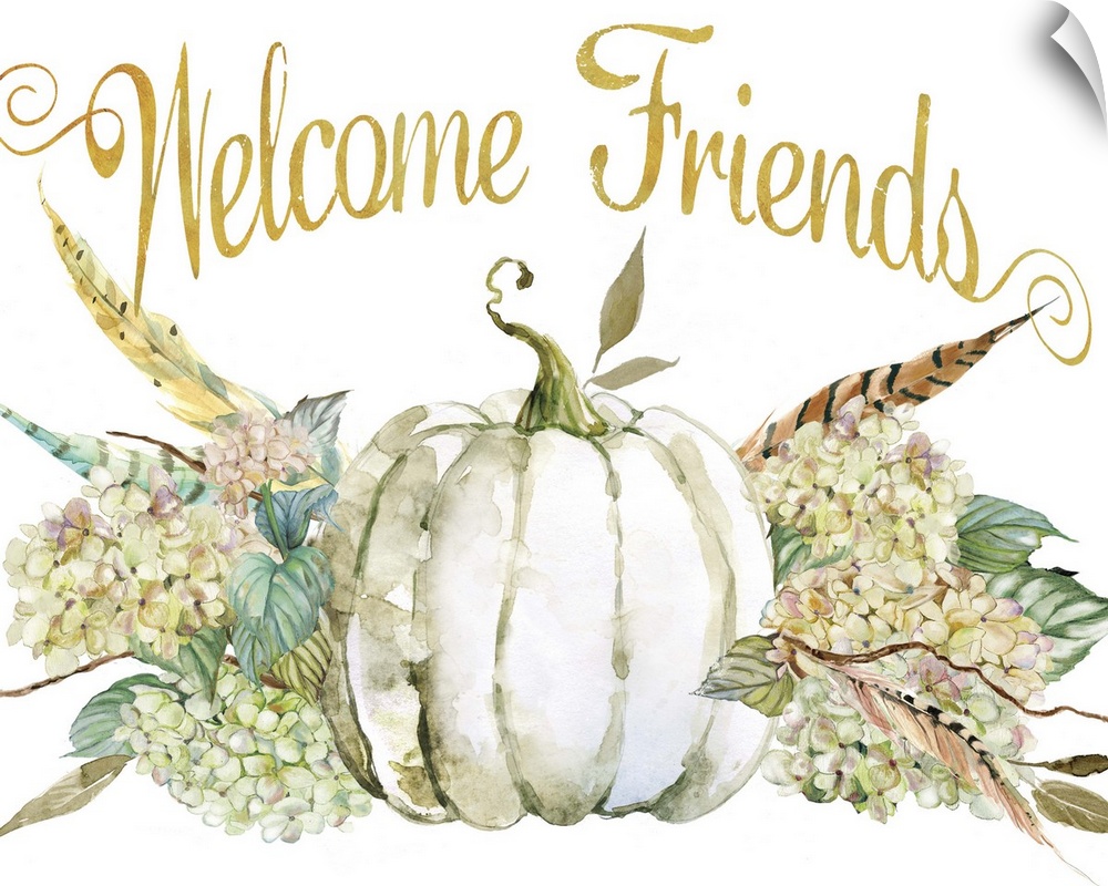 Seasonal decor with painted hydrangeas, feathers, and a white pumpkin with "Welcome Friends" written in gold at the top.