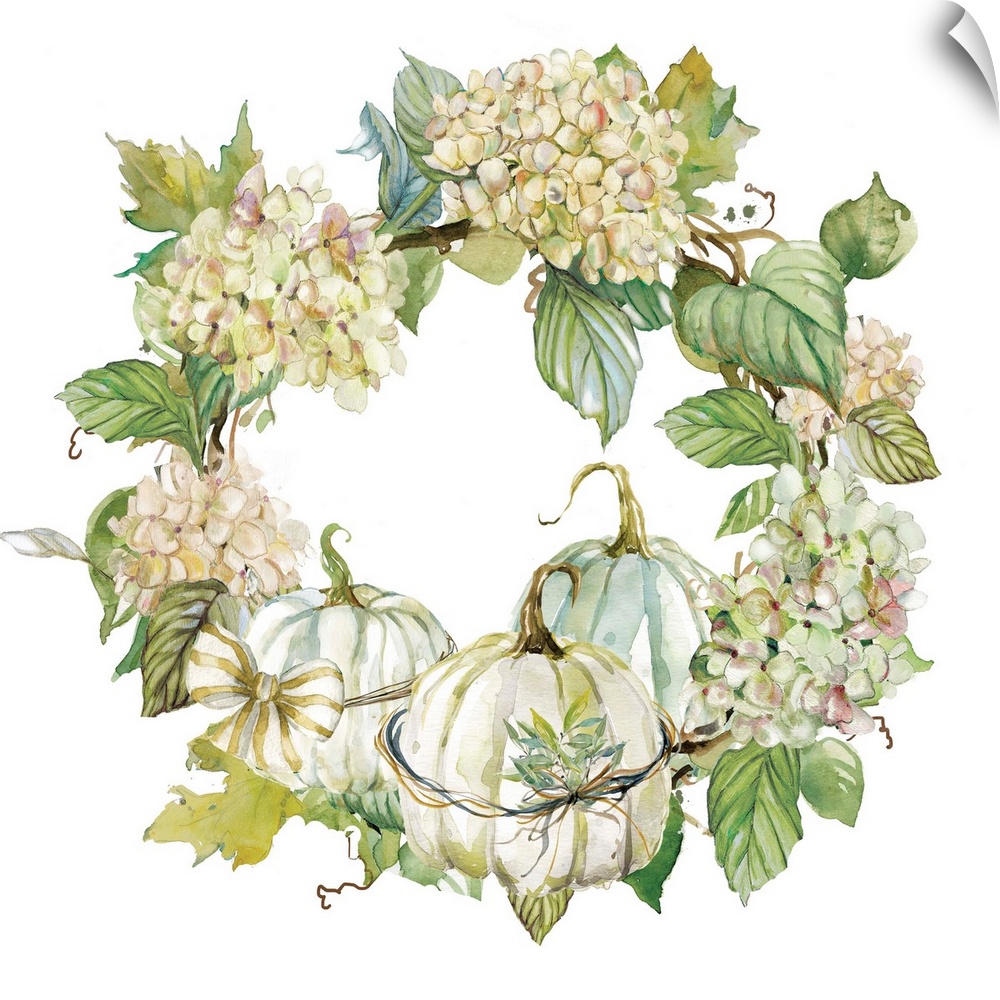 Watercolor painting of a harvest wreath with hydrangeas, pumpkins, leaves, and a bow on a white square background.