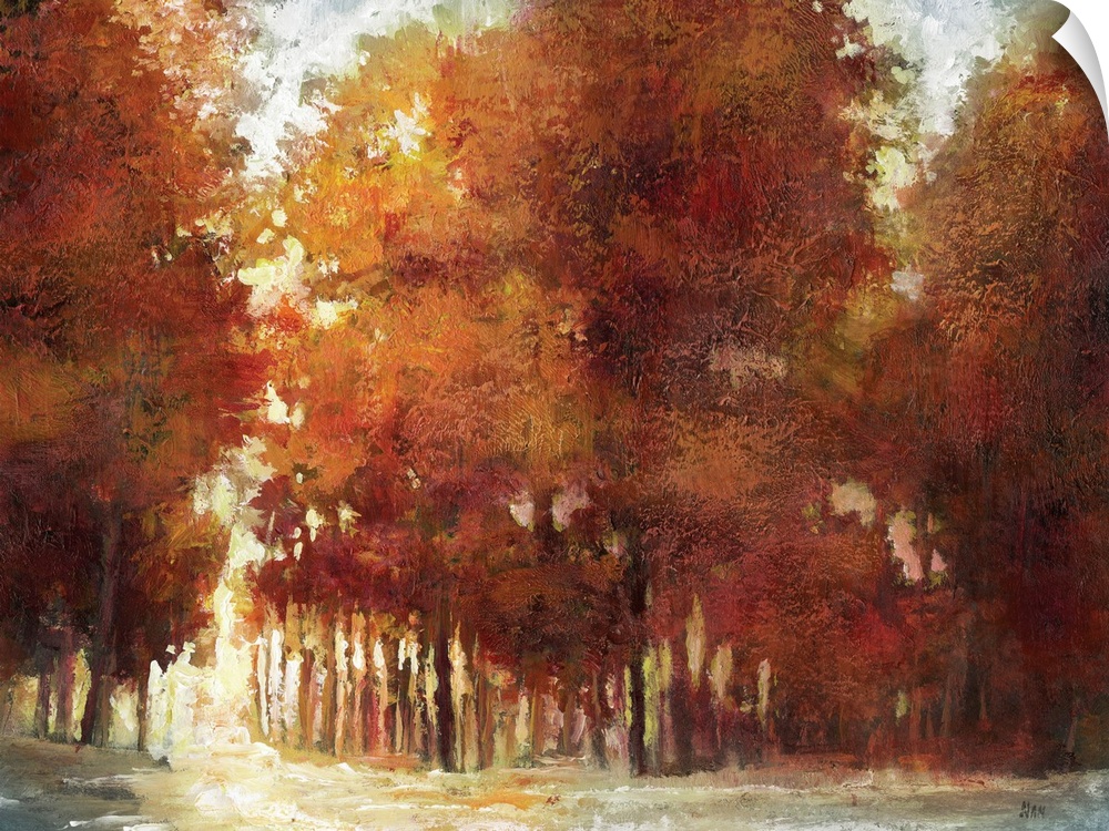 Contemporary painting of a dense forest in fall colors.