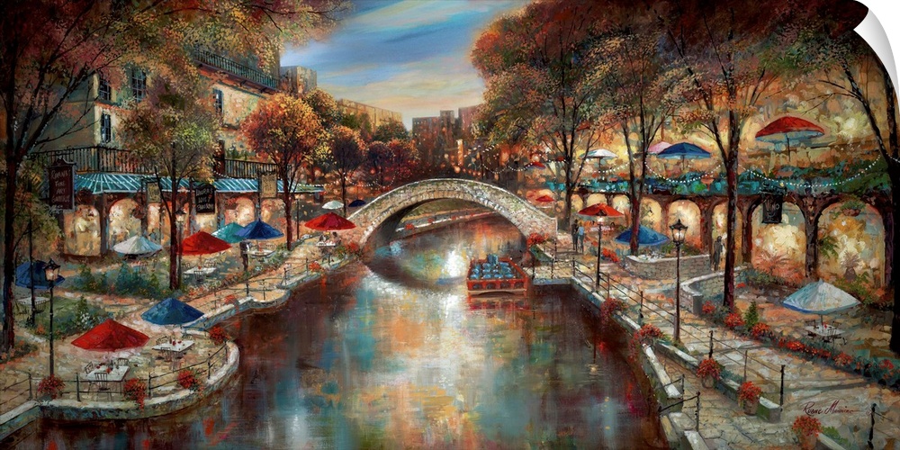 Contemporary artwork of a city scene in the evening with a canal running through the town.