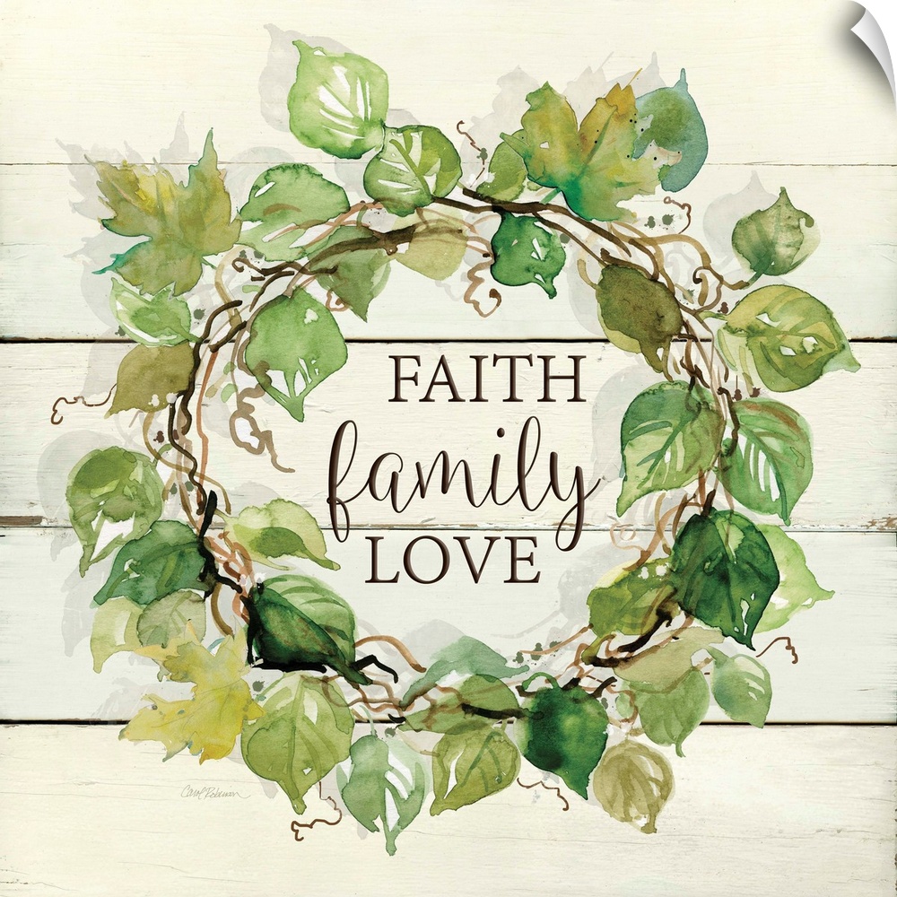 A wreath of various watercolor leaves surround the words, "Faith, family, love" on shiplap.