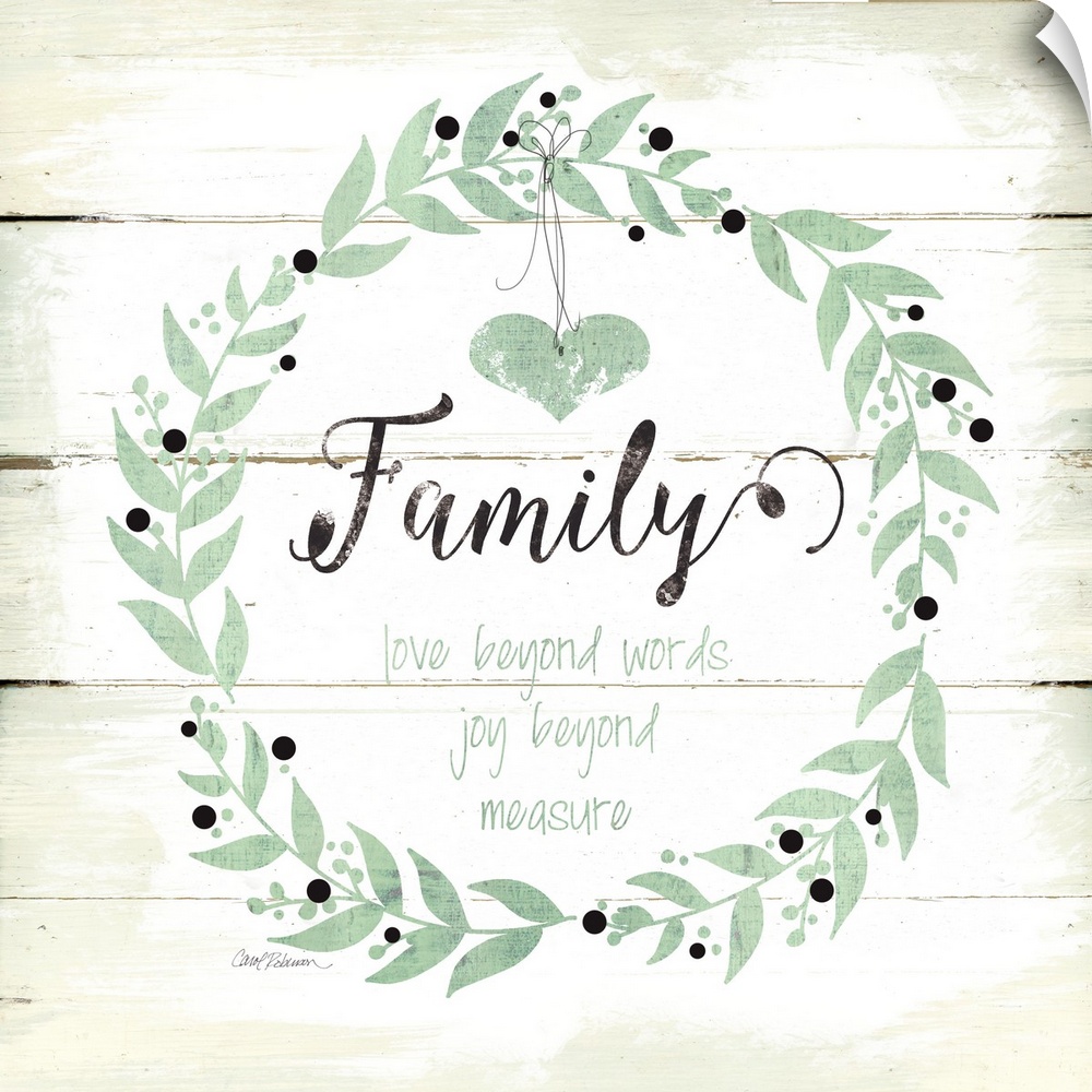 A decorative painting of a wreath on an aged white wooden background with the word ?Family? painted in the middle and the ...