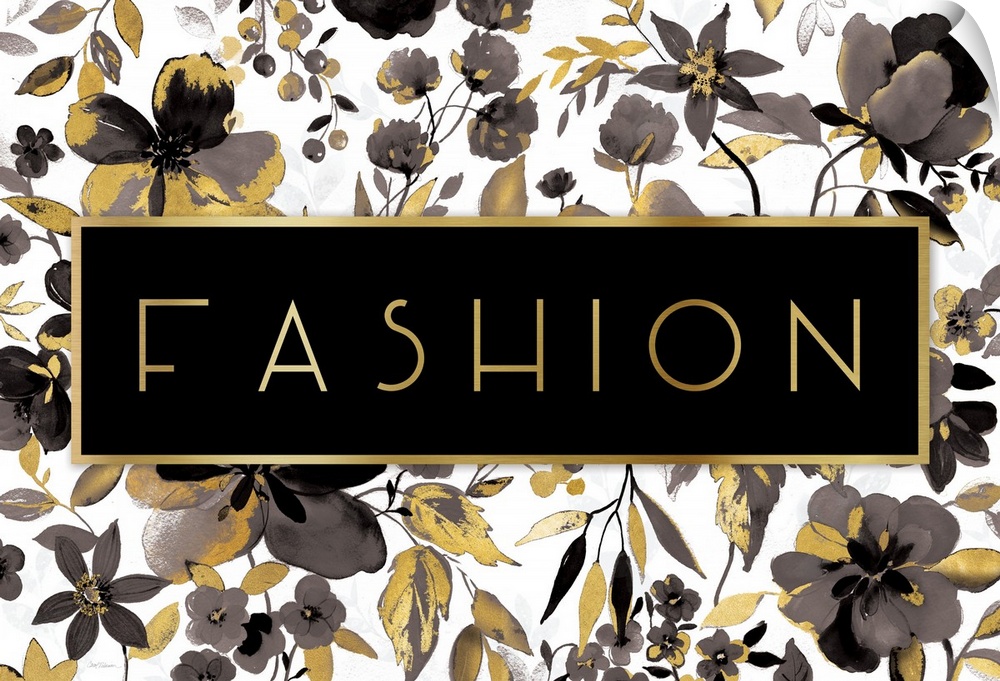 "FASHION" with black and gold flowers on a white background.