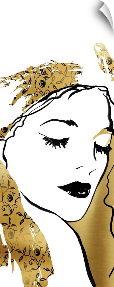 Large illustration of a woman in gold, black, and white.