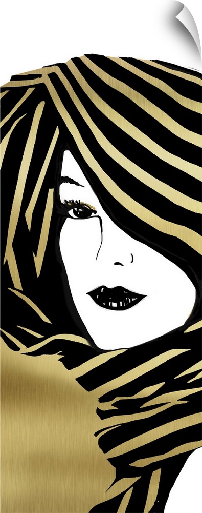 Large illustration of a woman wearing a head scarf in gold, black, and white.