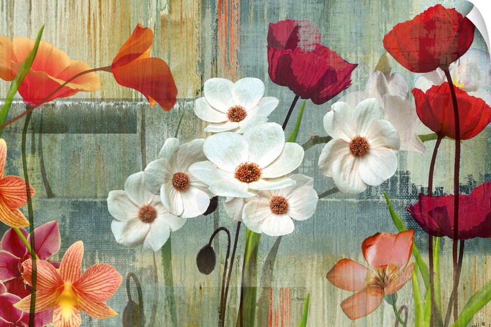 A variety of flowers on top of a brushstroke streaked background.