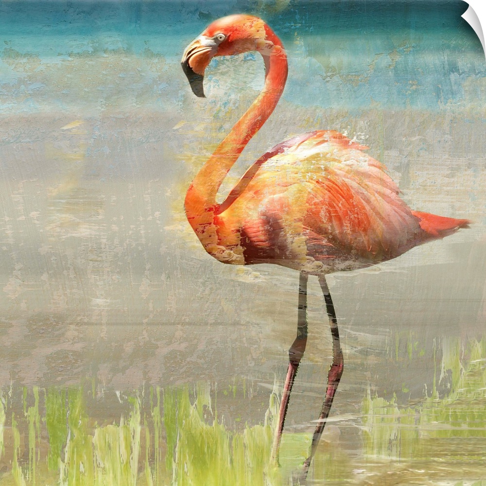 One painting in a series of two displays a reflective flamingo amidst layers of distressed paint and textures.