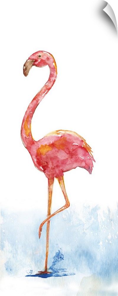 Tall watercolor painting of a single pink flamingo standing on one leg in a puddle.