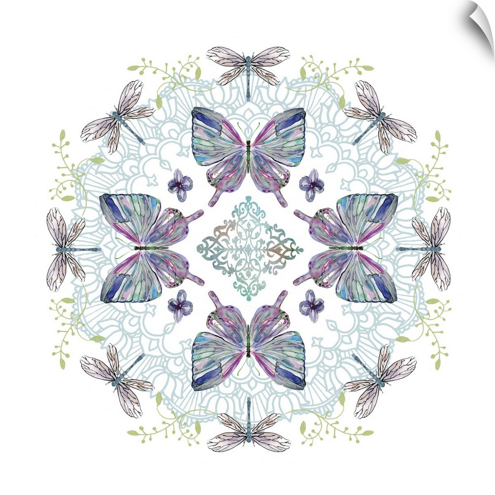 Kaleidoscopic artwork made with watercolor butterflies, dragonflies, and leaves.