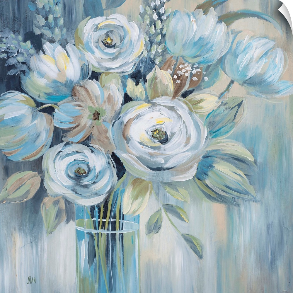 Contemporary painting of blue flowers in a glass vase.