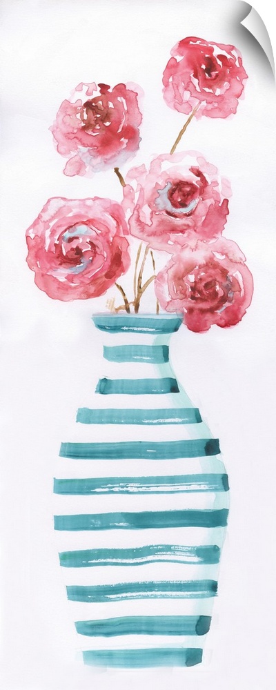 Large panel watercolor painting of pink flowers arranged in a blue and white striped vase on a solid white background.