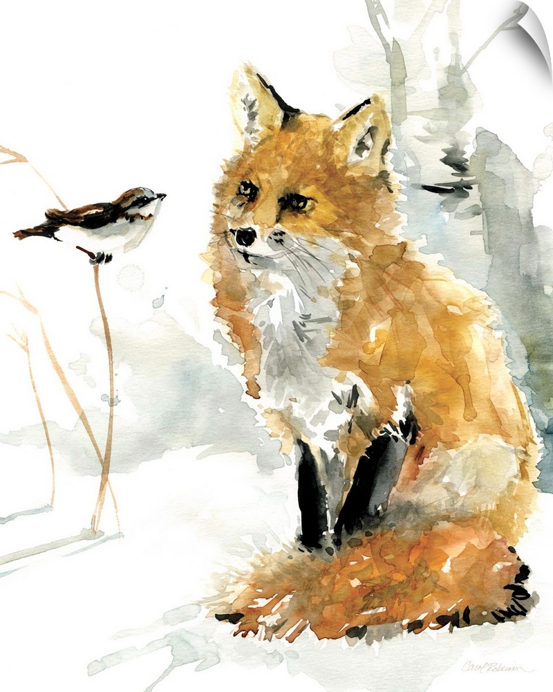 Contemporary watercolor painting of a fox watching a bird perched on a branch.