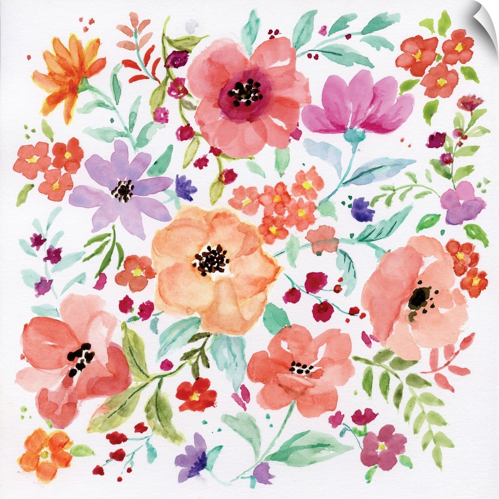 Square watercolor painting of bright and colorful flowers on a white background.