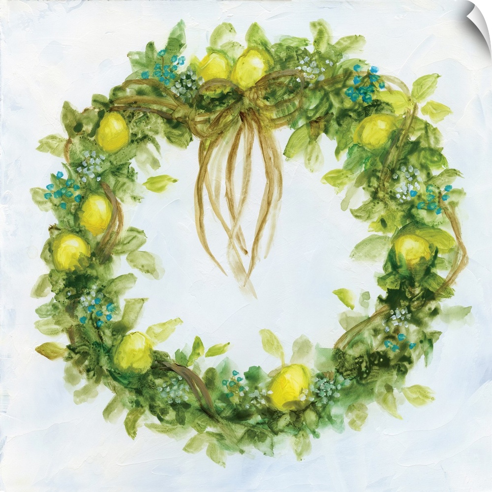 Artwork of a leafy green wreath decorated with ribbons and lemons.
