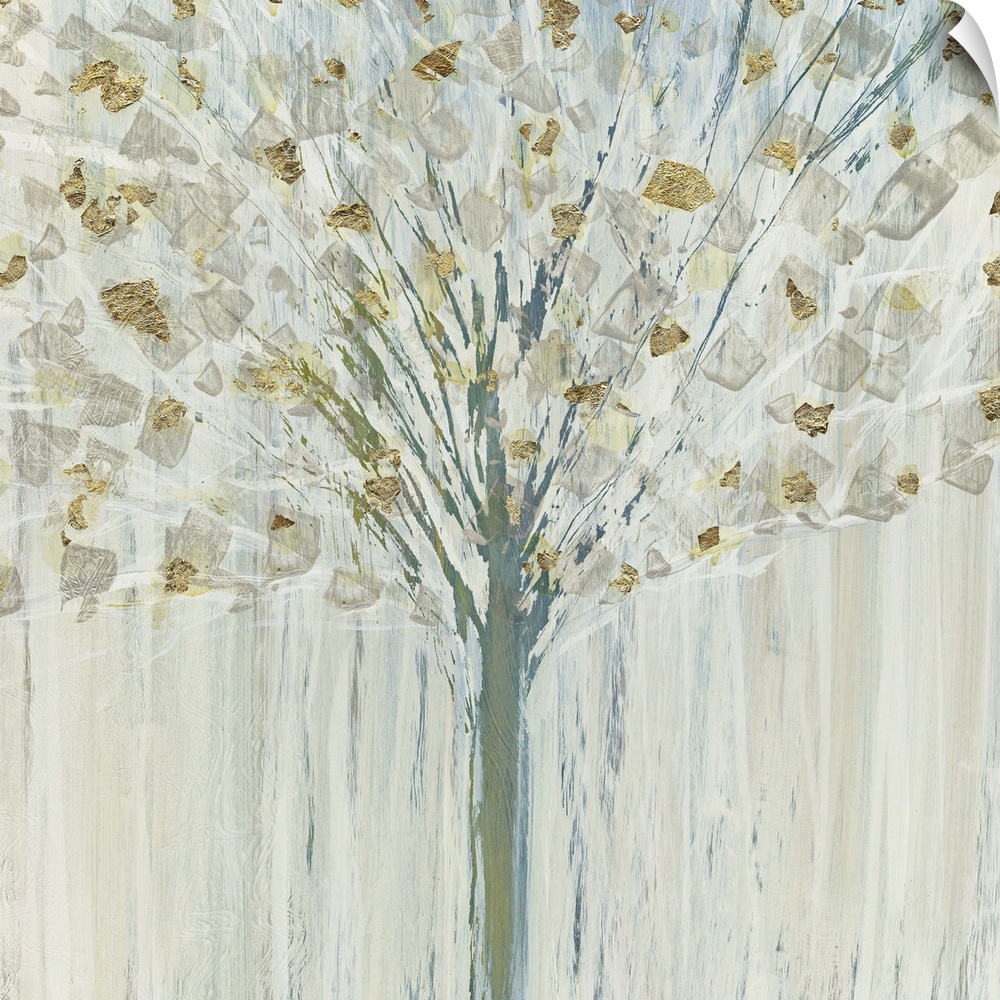 A contemporary abstract painting of a winter tree with small silver and gold brushstrokes resembling the frosted leaves.