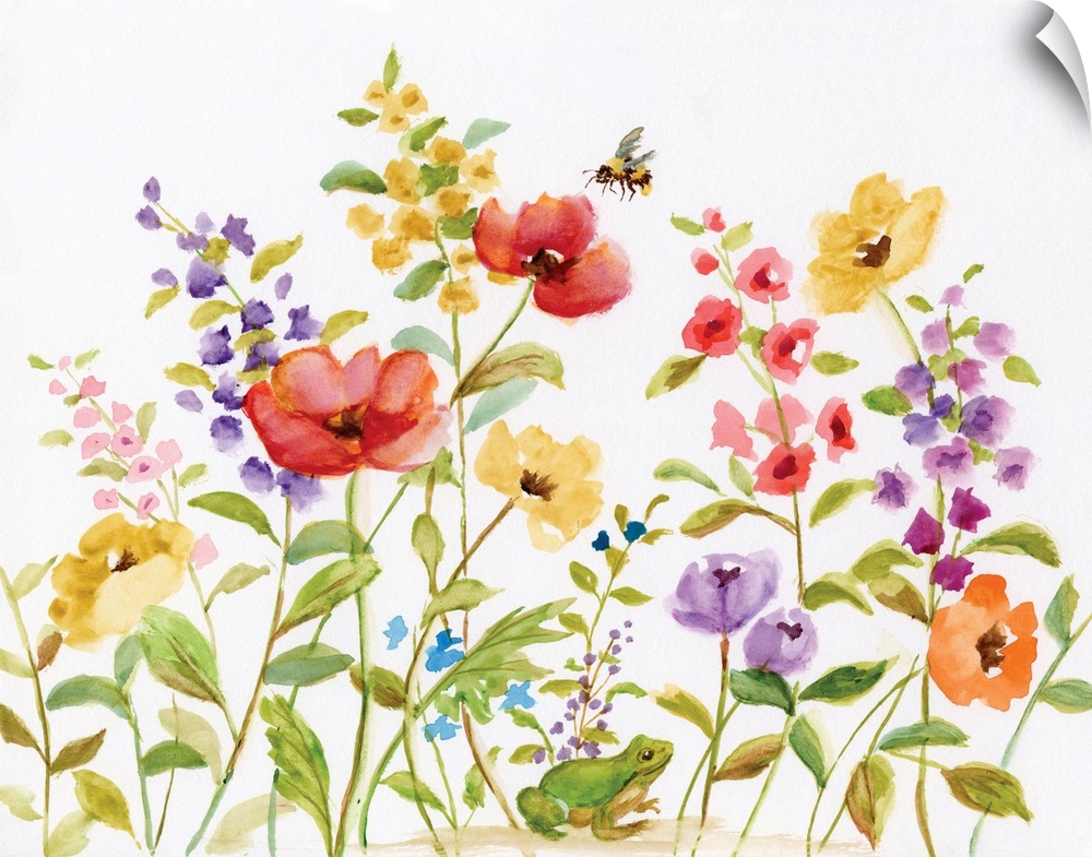 A bed of watercolor flowers are accompanied by a frog and bumble bee.
